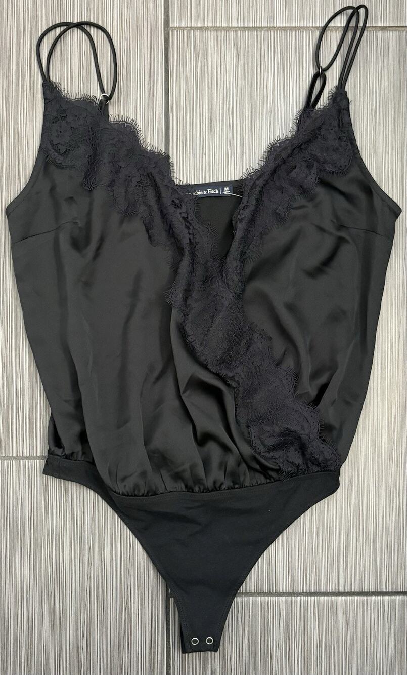 Abercrombie & Fitch Black Lace Trimmed V-Neck Body Suit Size Medium Black